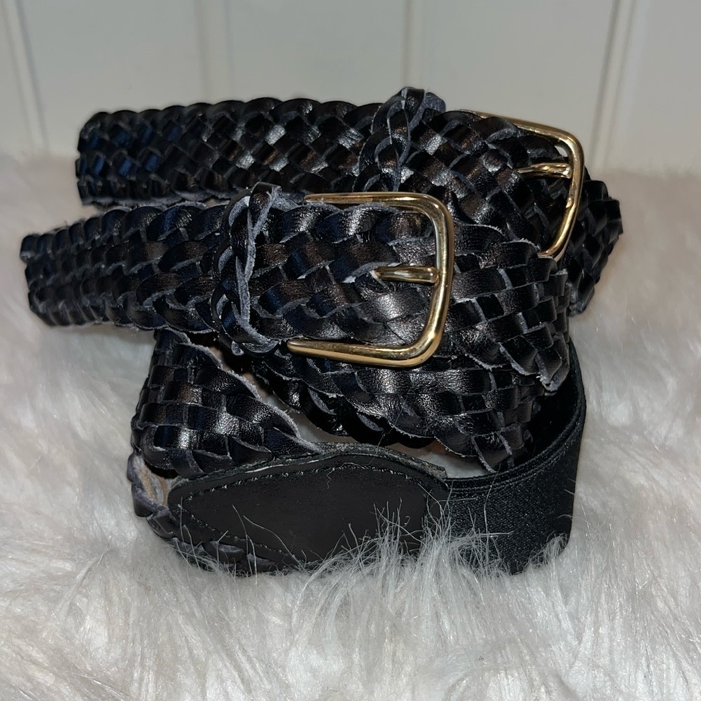 Black braided leather suspenders made in Haiti gold tone hardware regular size